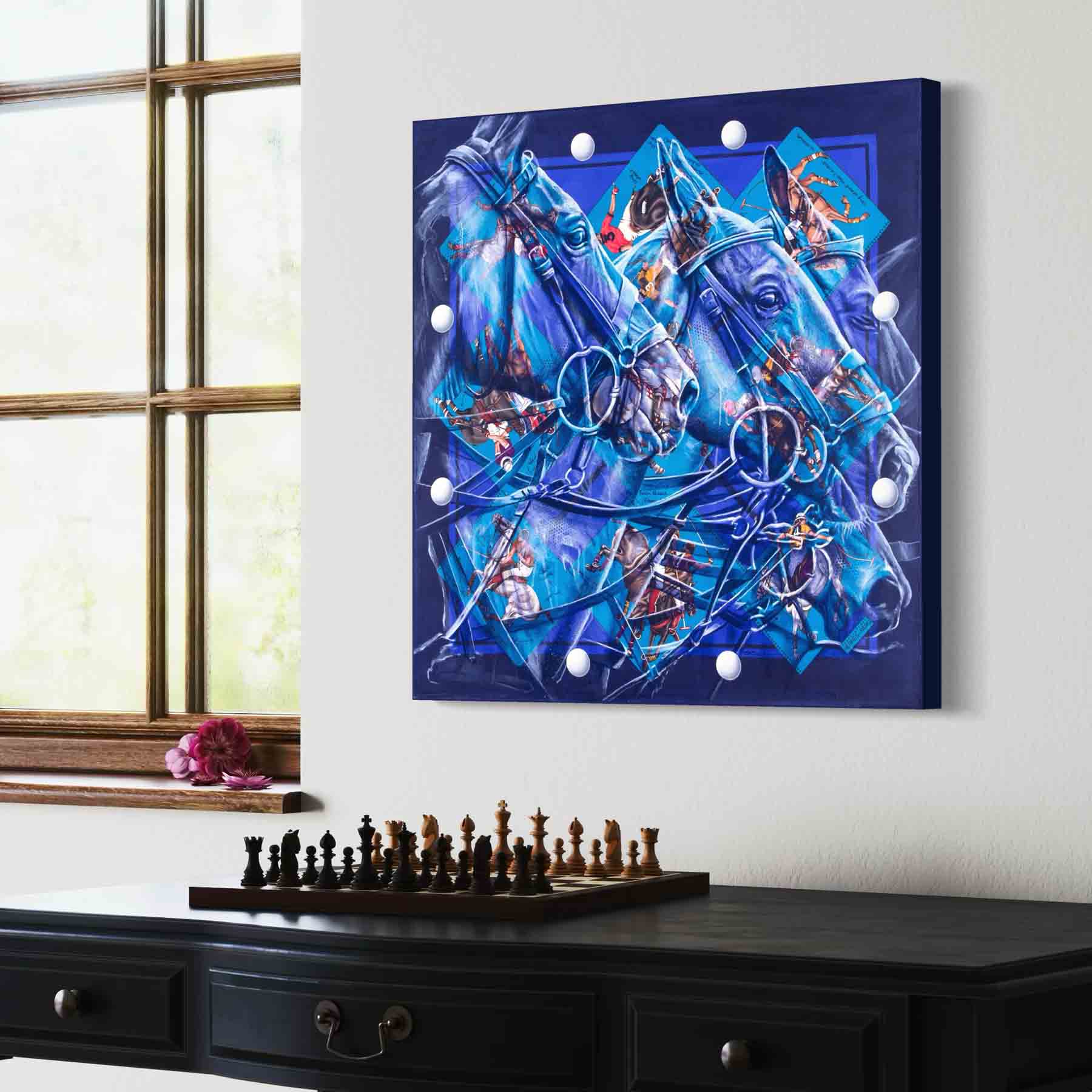 Palm Beach Polo: Impresión artística enmarcada, sobre lienzo o sin marco de una pintura original de polo sobre un pañuelo de seda de Hermès.