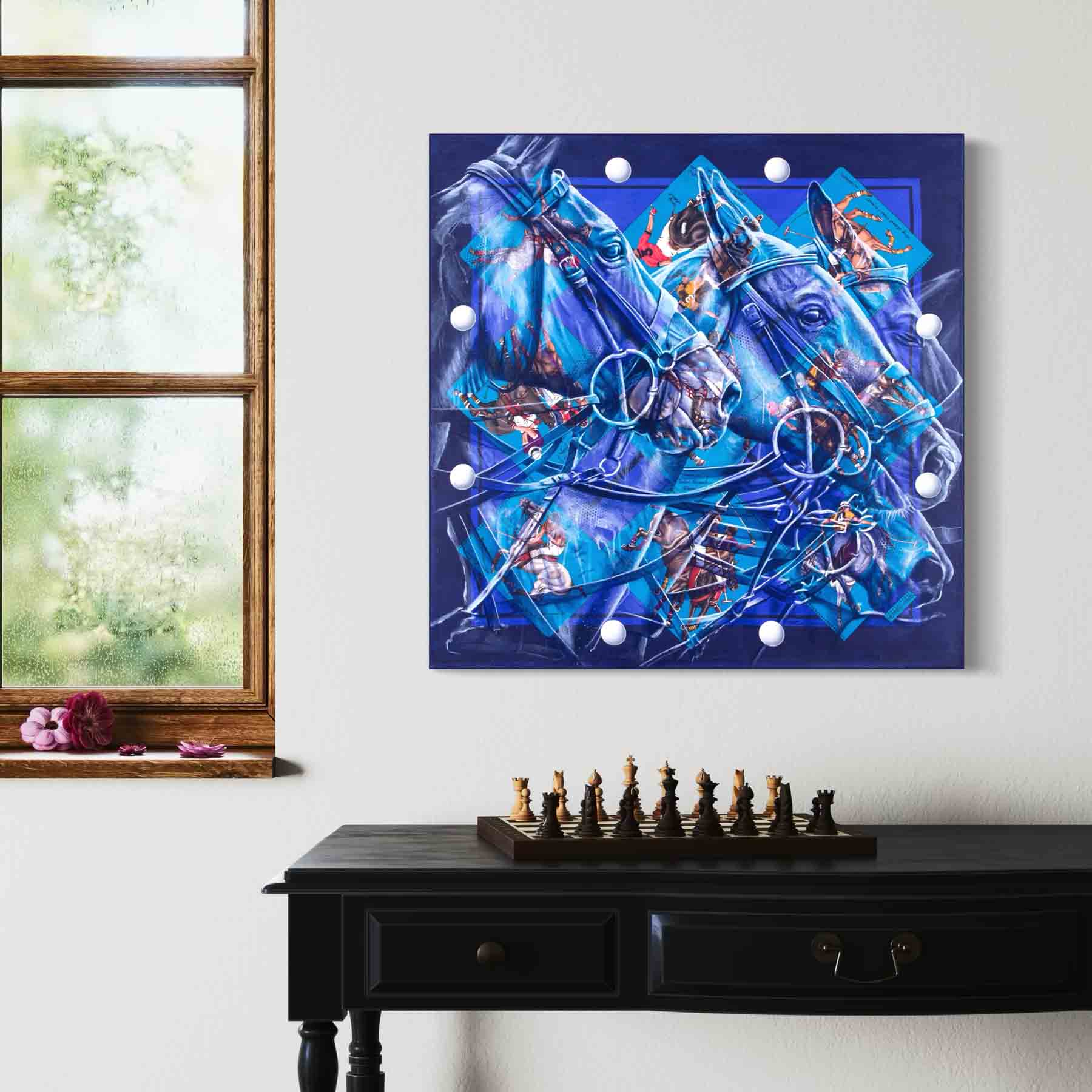 Palm Beach Polo: Impresión artística enmarcada, sobre lienzo o sin marco de una pintura original de polo sobre un pañuelo de seda de Hermès.