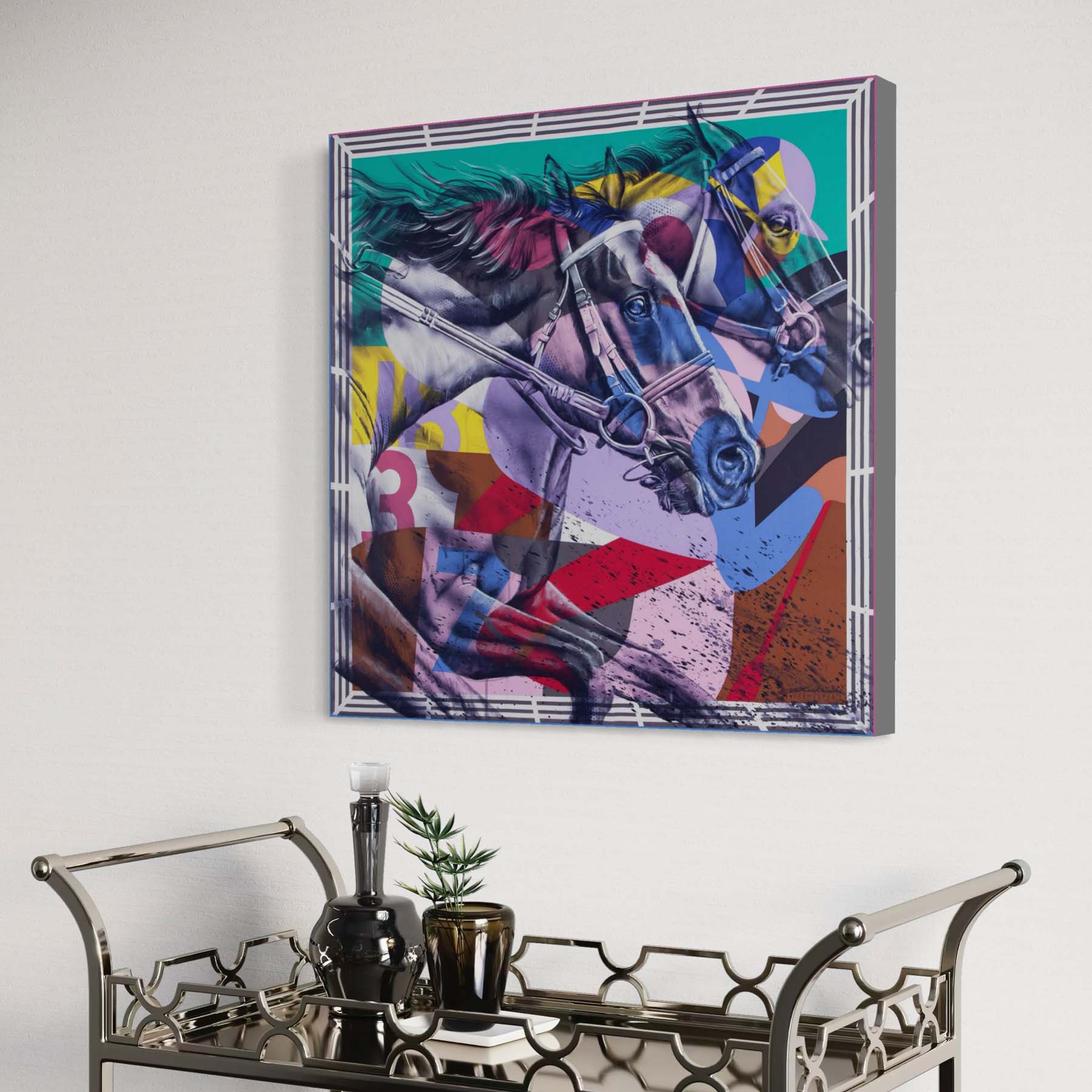 "Photo Finish" Hermès horse-racing scarf art by Kyle Lucks on an unframed gallery-wrapped canvas, angle view