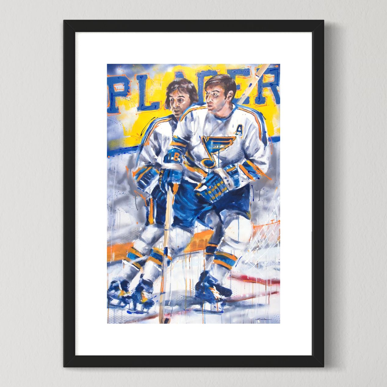 Blues hockey legends the Plager brothers by Kyle Lucks as a framed giclée fine art print in a black frame, front view