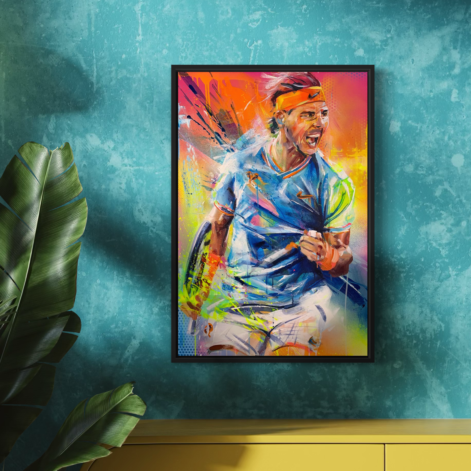 Portrait of tennis legend Rafael Nadal, yelling while giving a fist pump