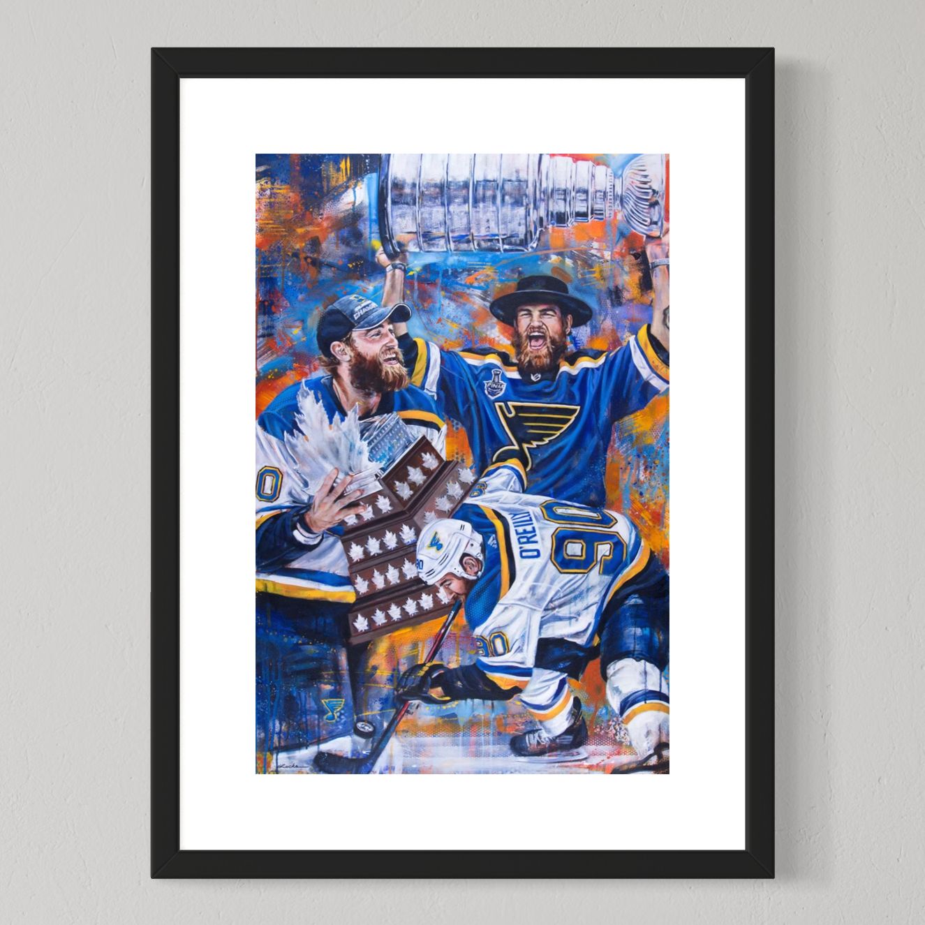 Blues hockey star Ryan O'Reilly, Cup MVP by Kyle Lucks as a framed giclée fine art print in a black frame, front view