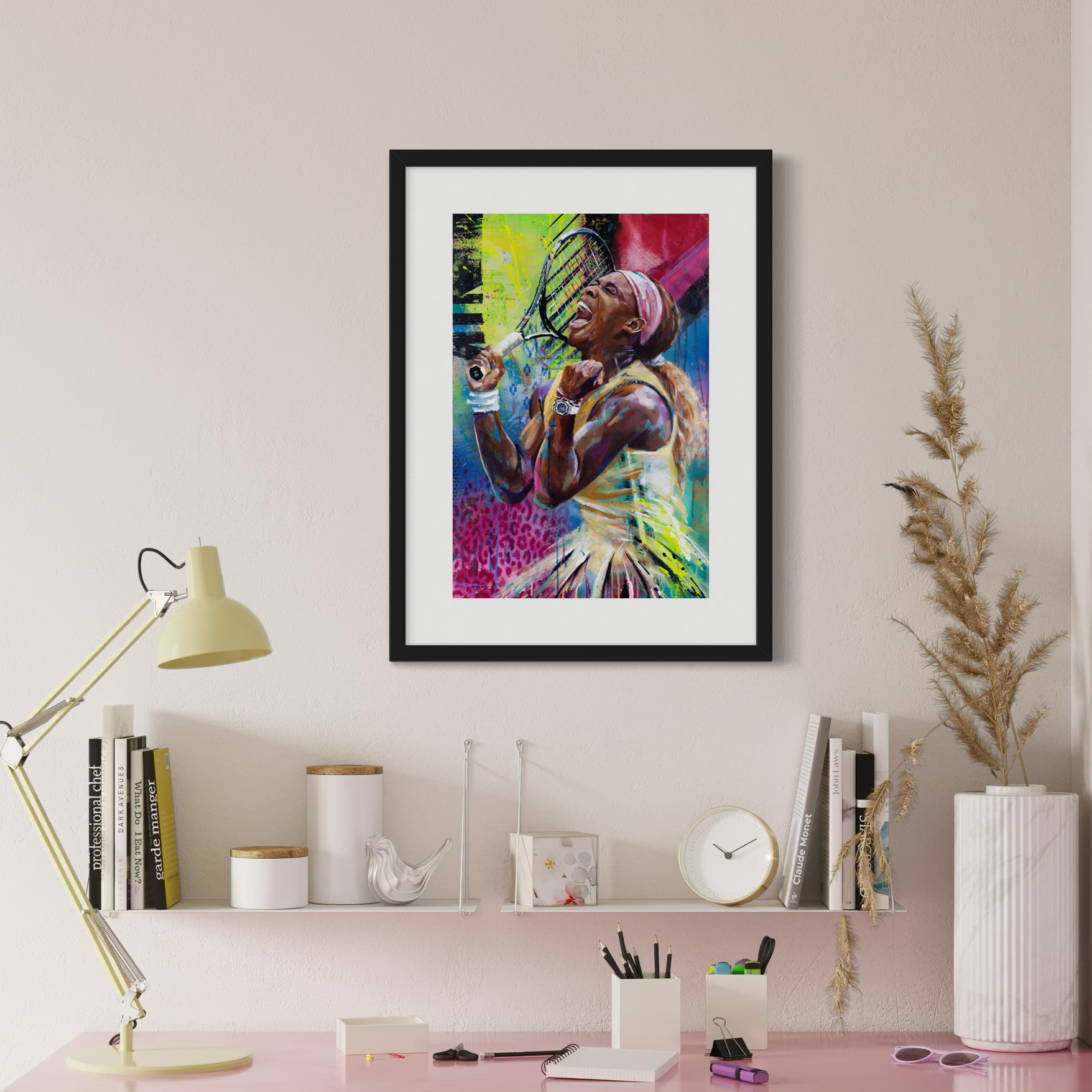 Portrait painting of Serena Williams holding a tennis racket, yellling and clinching her fists in victory, set against a colorful background of lime green, magenta, blue and leopard print.  