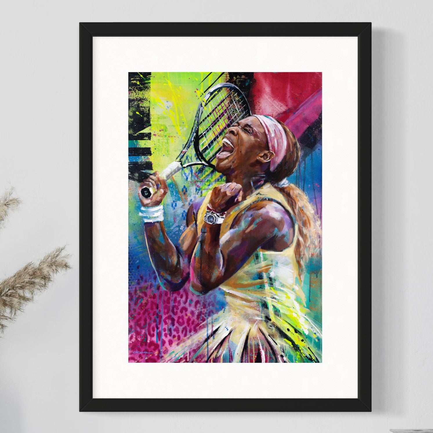 Tennis champion Serena Williams by Kyle Lucks as a framed giclée fine art print in a black frame, front view