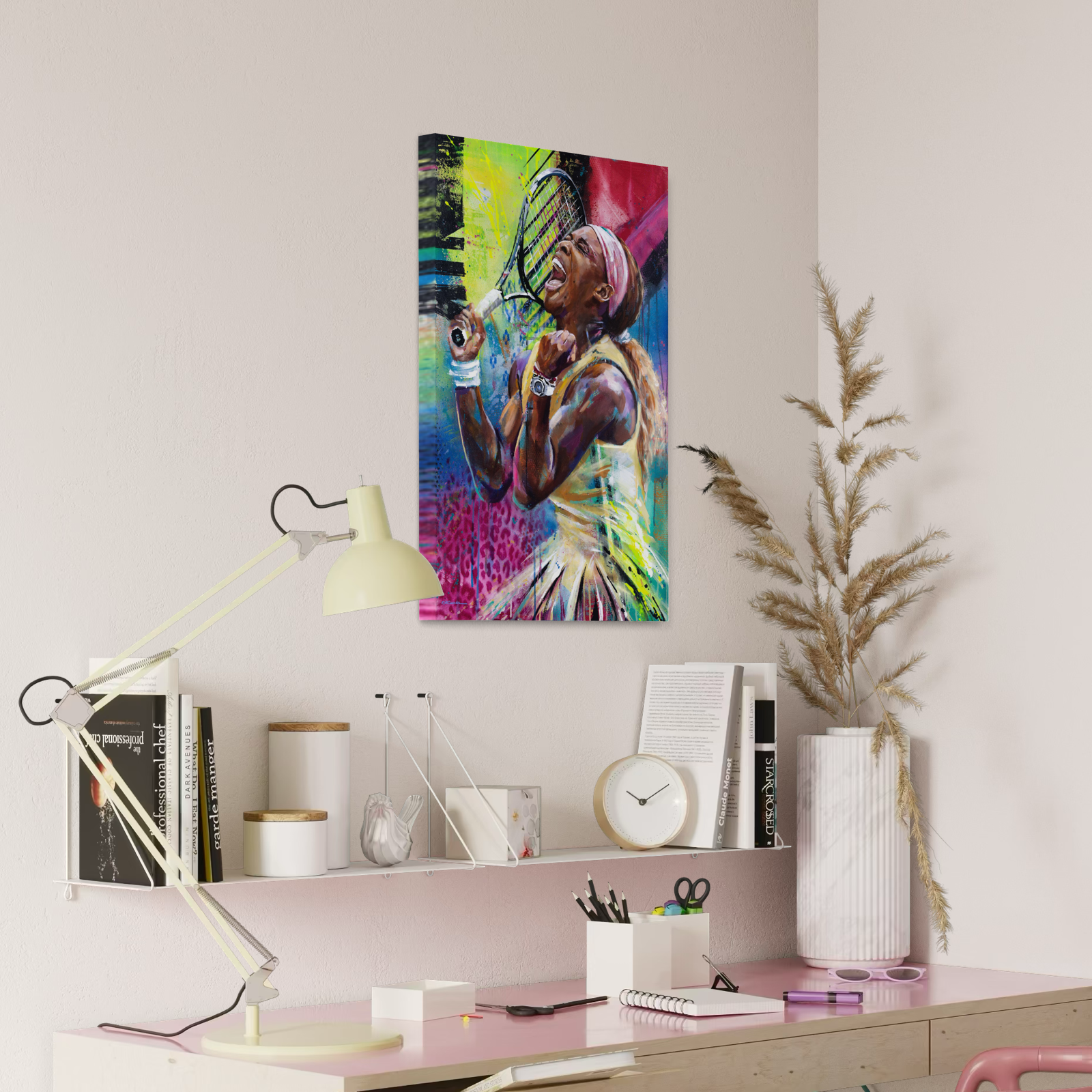 Portrait painting of Serena Williams holding a tennis racket, yellling and clinching her fists in victory, set against a colorful background of lime green, magenta, blue and leopard print.  