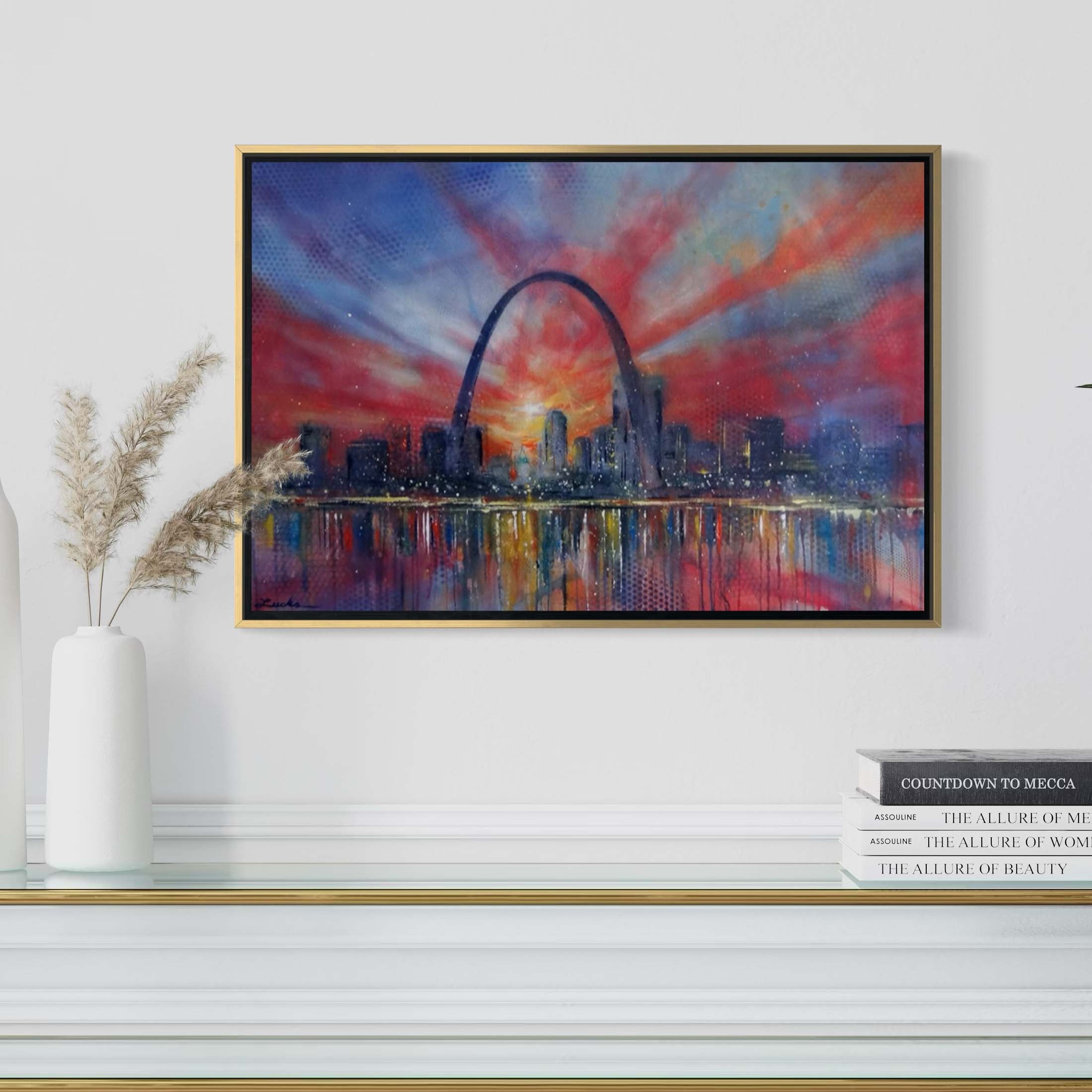 St. Louis Gateway Arch skyline by Kyle Lucks on a gallery-wrapped canvas in a gold float frame, front view