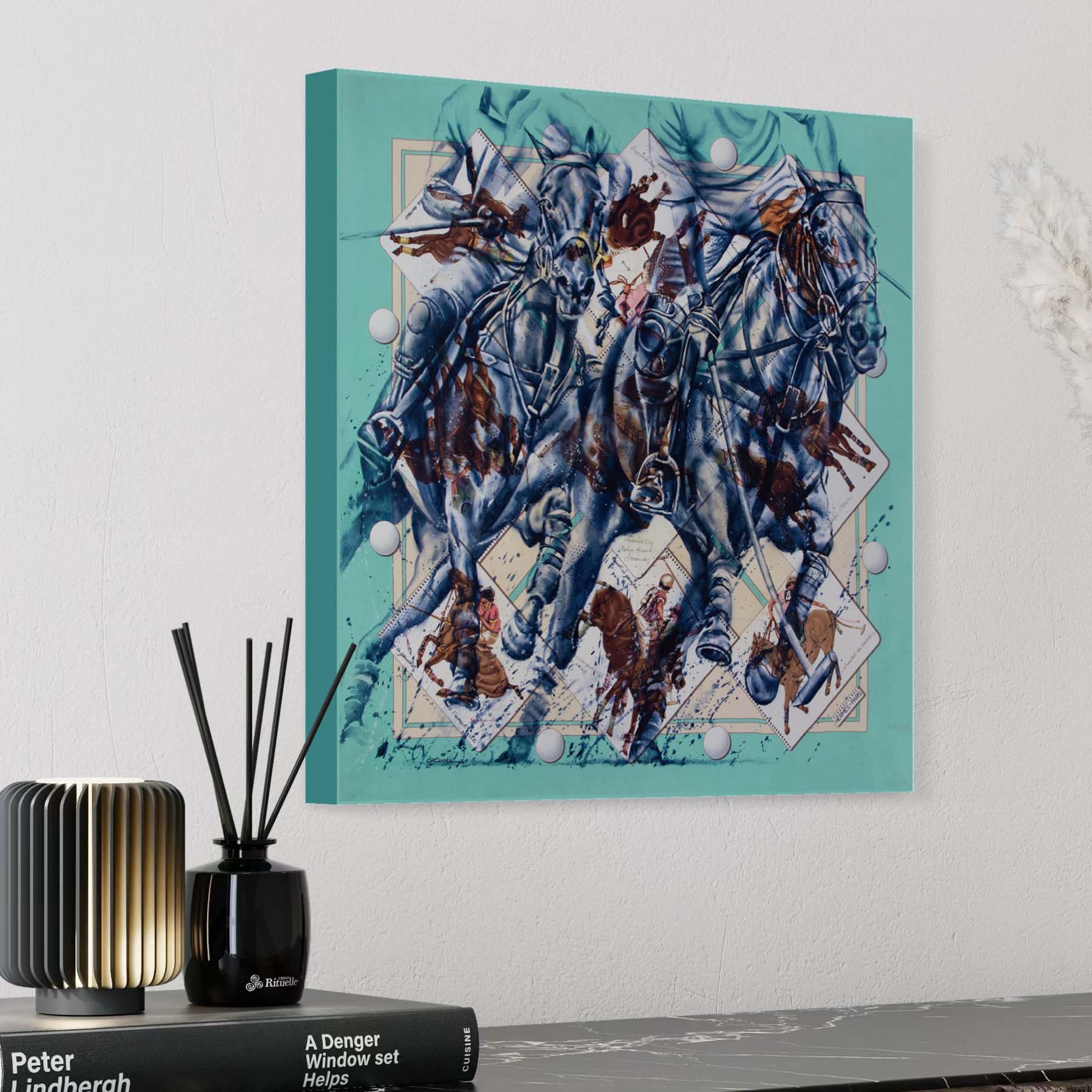 "The Art of Polo" Hermès scarf art by Kyle Lucks on an unframed gallery-wrapped canvas, angle view