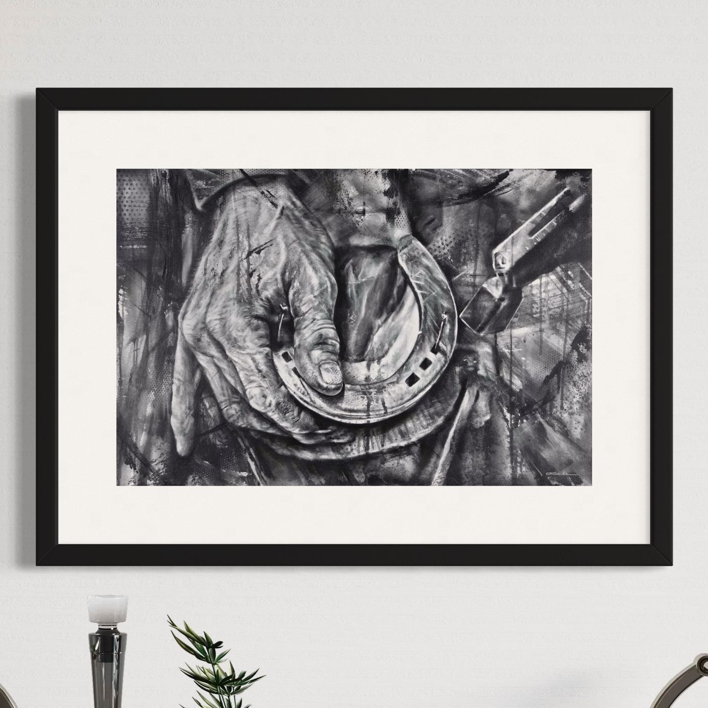 Equestrian farrier at work by Kyle Lucks as a framed giclée fine art print in a black frame, front view