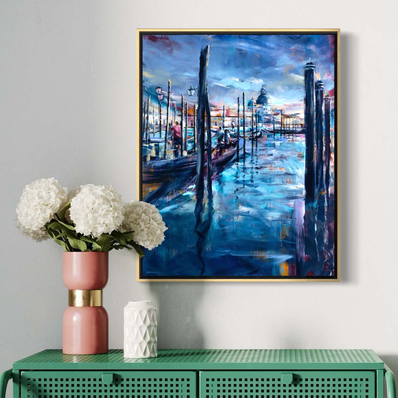Venice gondola dock travelers by Kyle Lucks on a gallery-wrapped canvas in a gold float frame, front view
