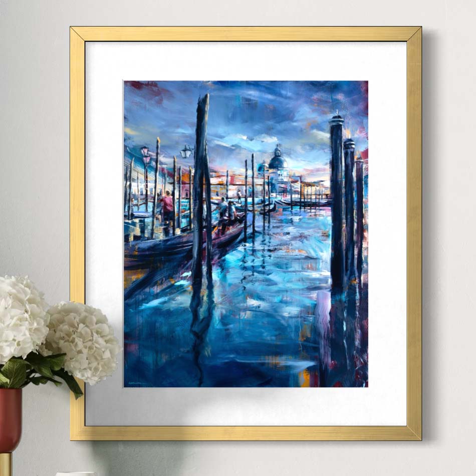 Venice gondola dock travelers by Kyle Lucks as a framed giclée fine art print in a gold frame, front view
