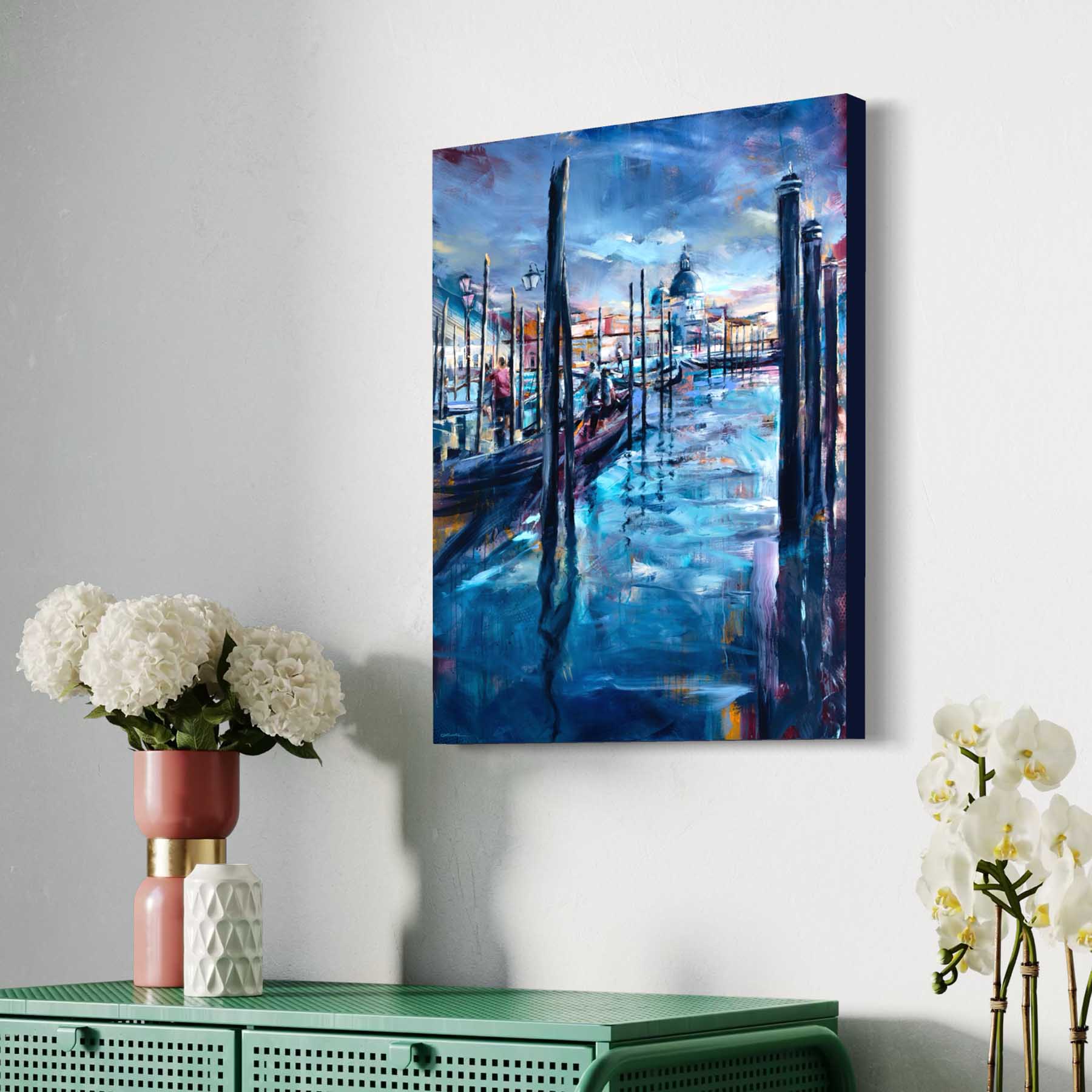 Venice gondola dock travelers by Kyle Lucks on a gallery-wrapped canvas in a float frame, angle view