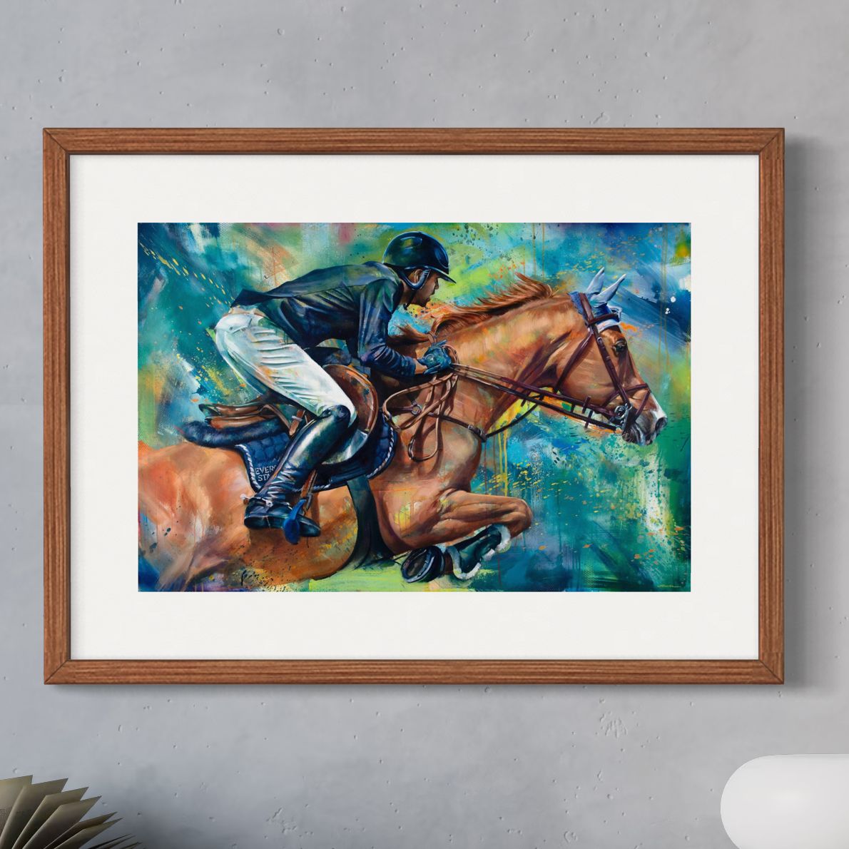 Equestrian show jumper and horse by Kyle Lucks as a framed giclée fine art print, front view