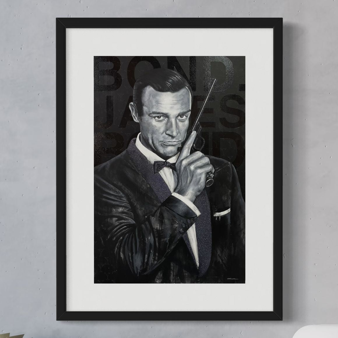 James Bond actor Sean Connery by Kyle Lucks as a framed giclée fine art print in a black frame, front view
