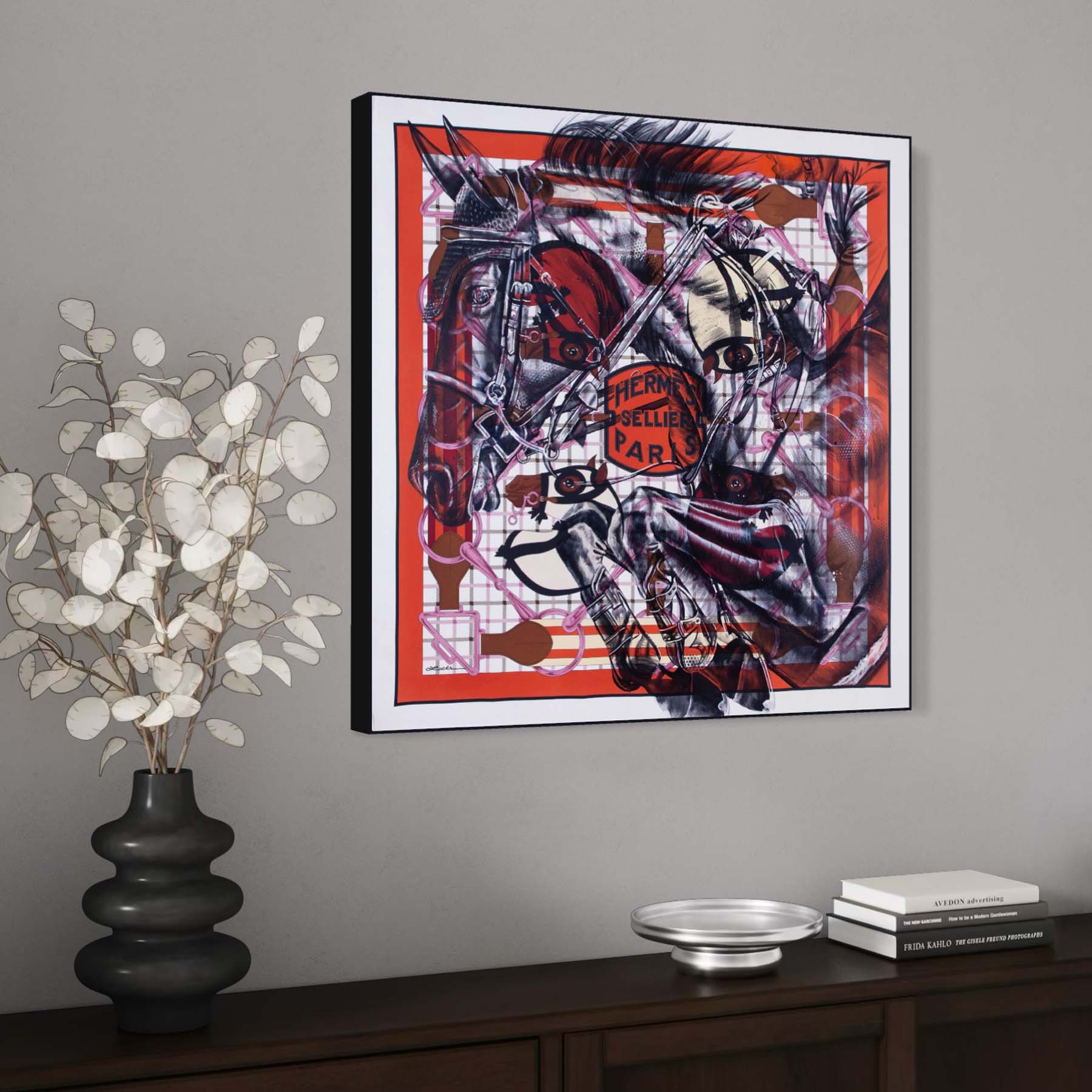 "Timeless Tattersall" Hermès equestrian scarf art by Kyle Lucks on an unframed gallery-wrapped canvas, angle view