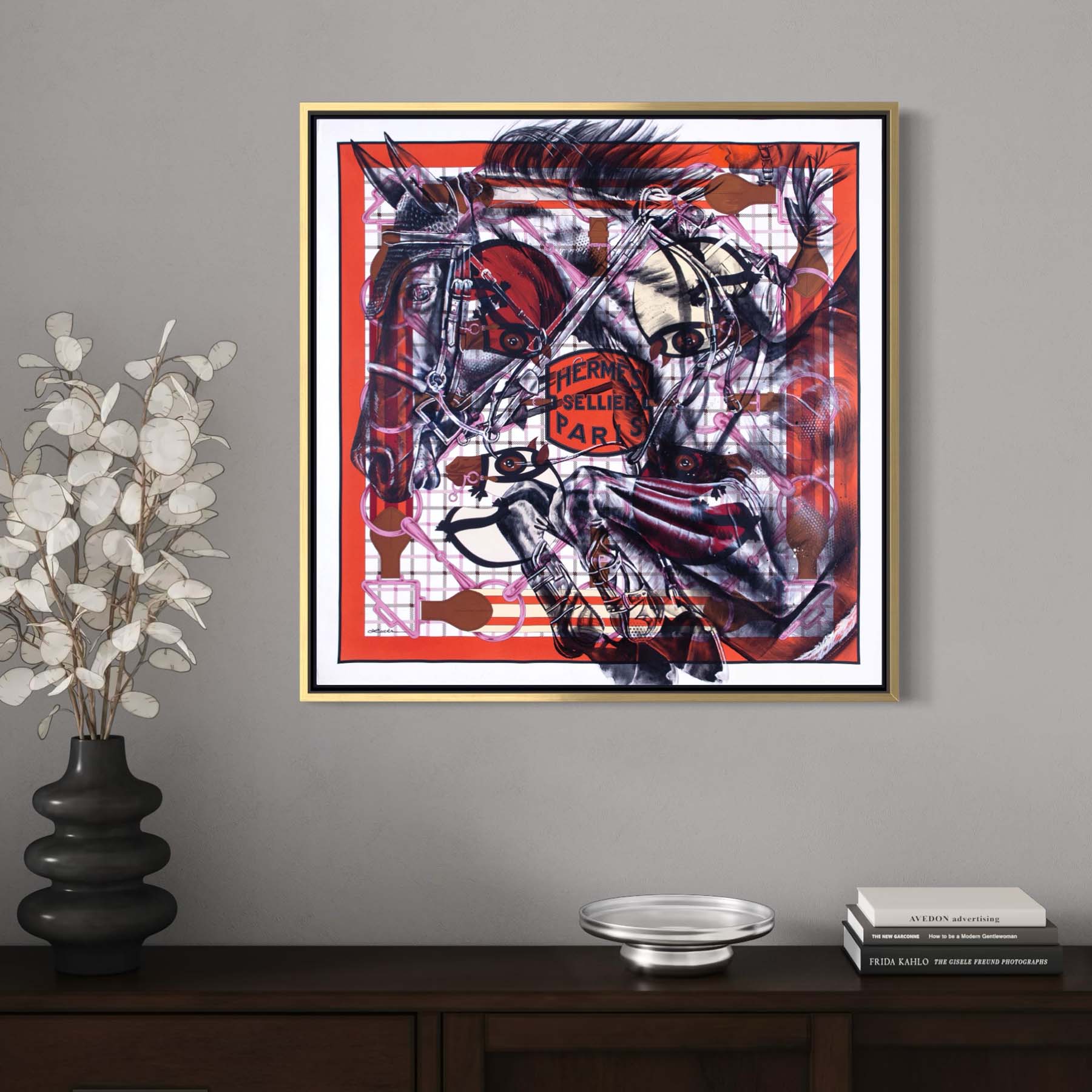 "Timeless Tattersall" Hermès equestrian scarf art by Kyle Lucks on a gallery-wrapped canvas in a gold float frame, front view