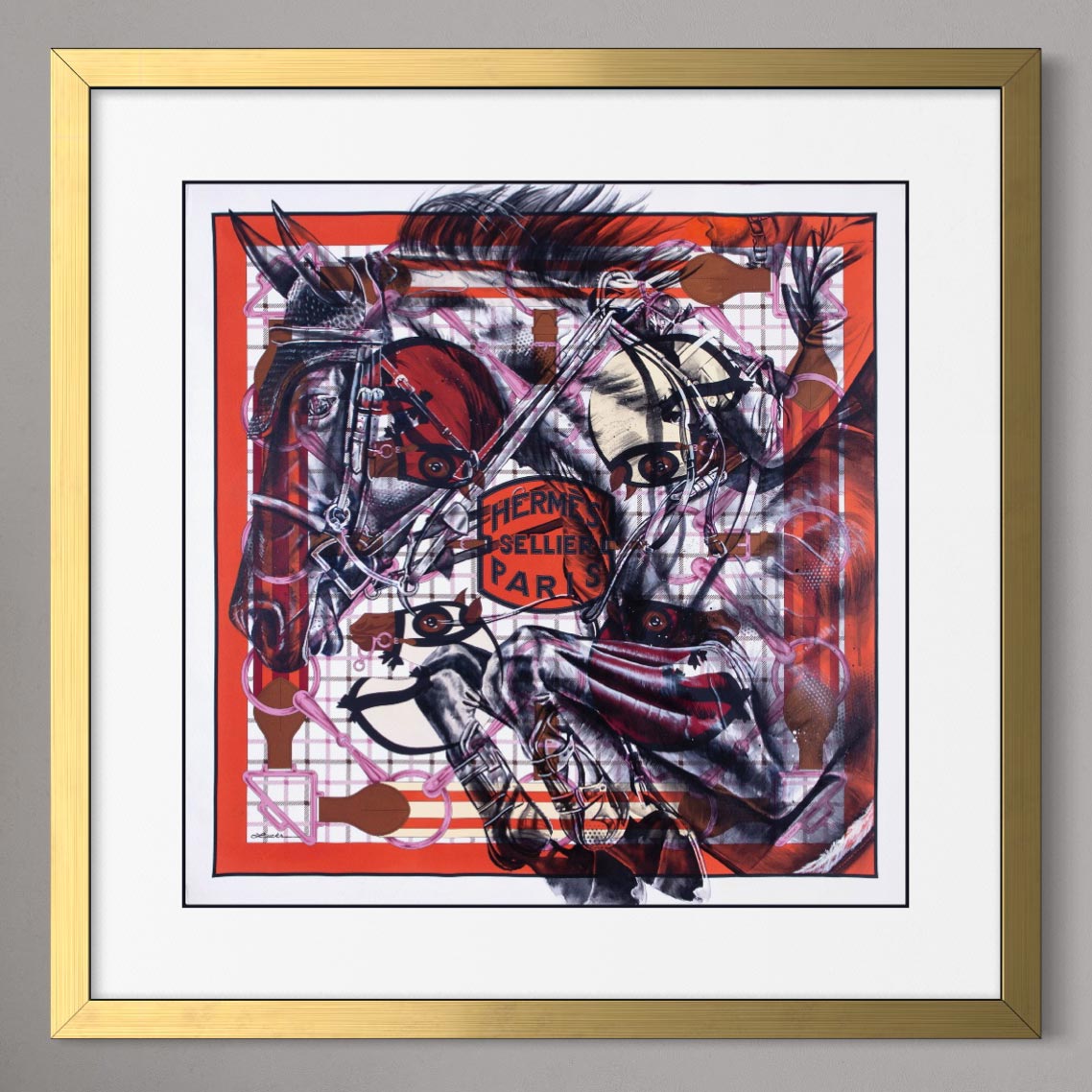 "Timeless Tattersall" Hermès equestrian scarf art by Kyle Lucks as a framed giclée print in a gold frame, front view