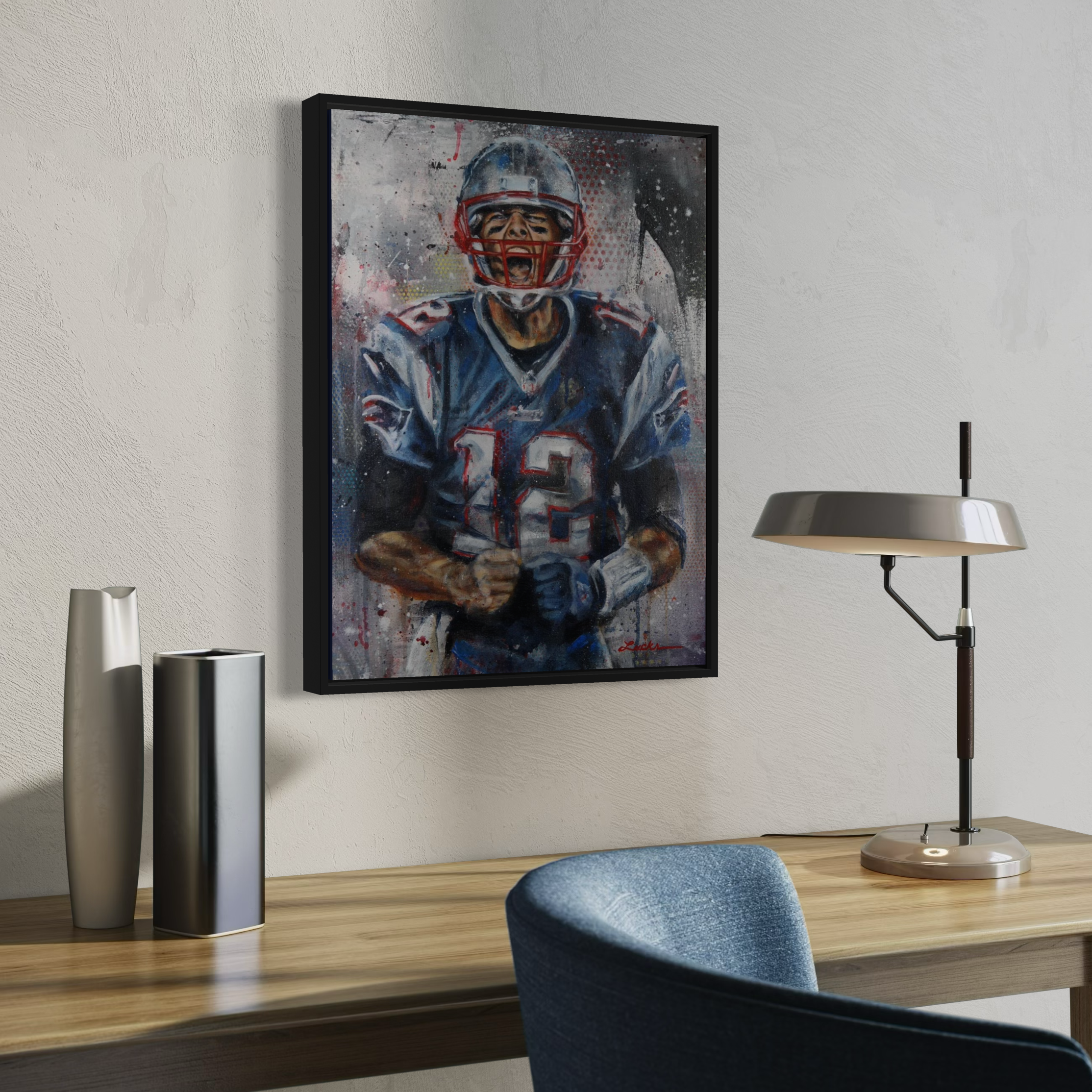 Portrait painting of Patriots quarterback Tom Brady yelling with clinched fists after scoring a touchdown