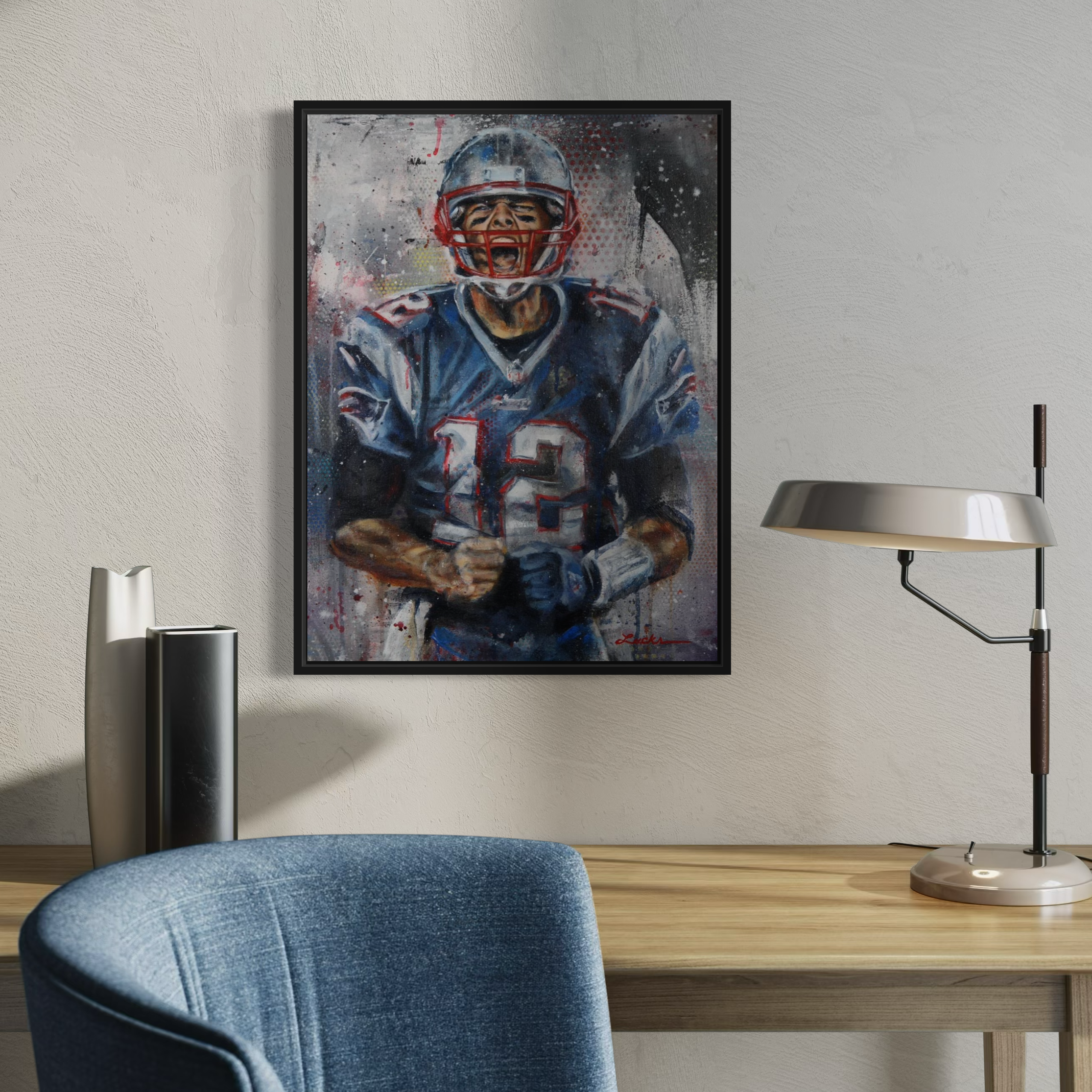 Portrait painting of Patriots quarterback Tom Brady yelling with clinched fists after scoring a touchdown