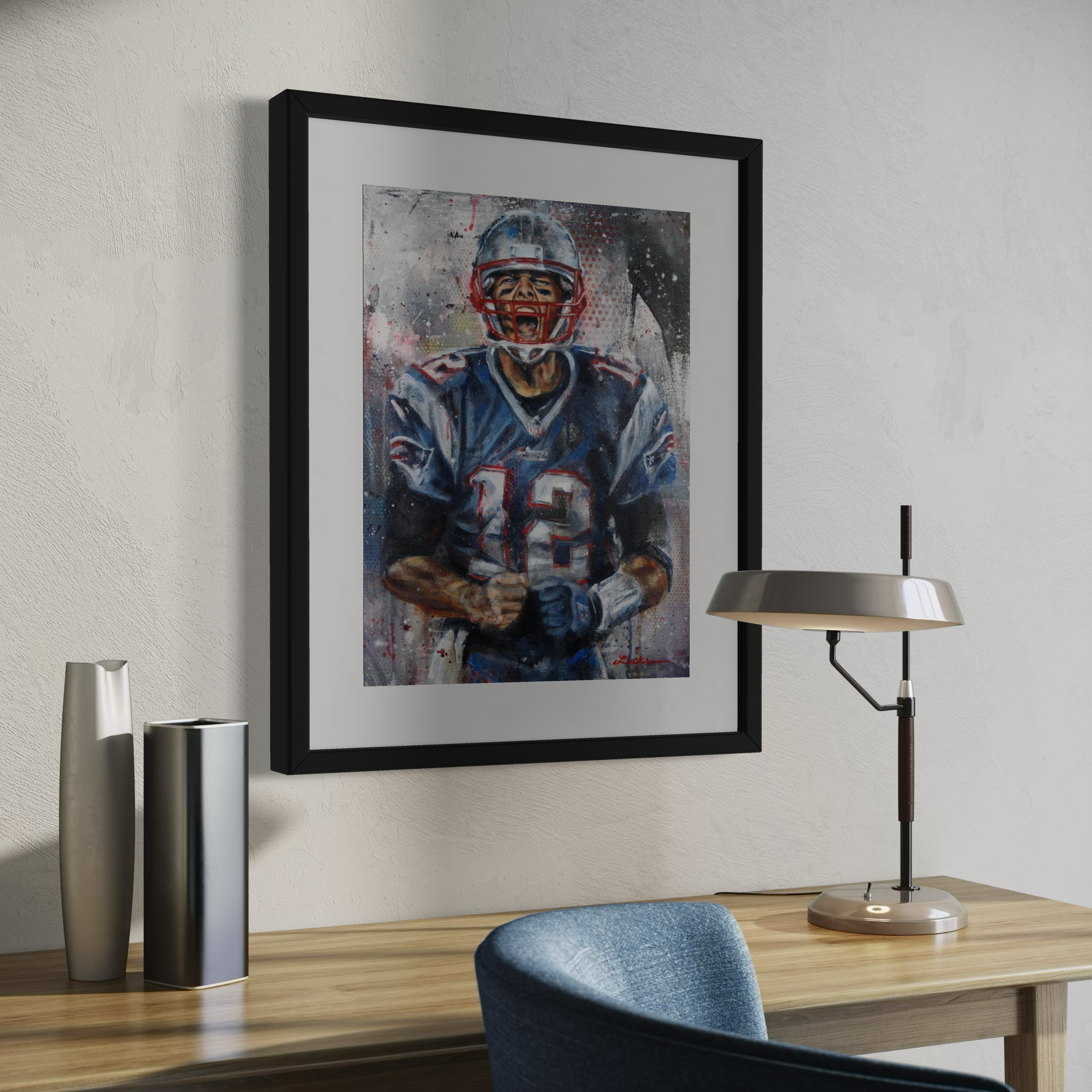 Portrait painting of Patriots quarterback Tom Brady yelling with clinched fists after scoring a touchdown