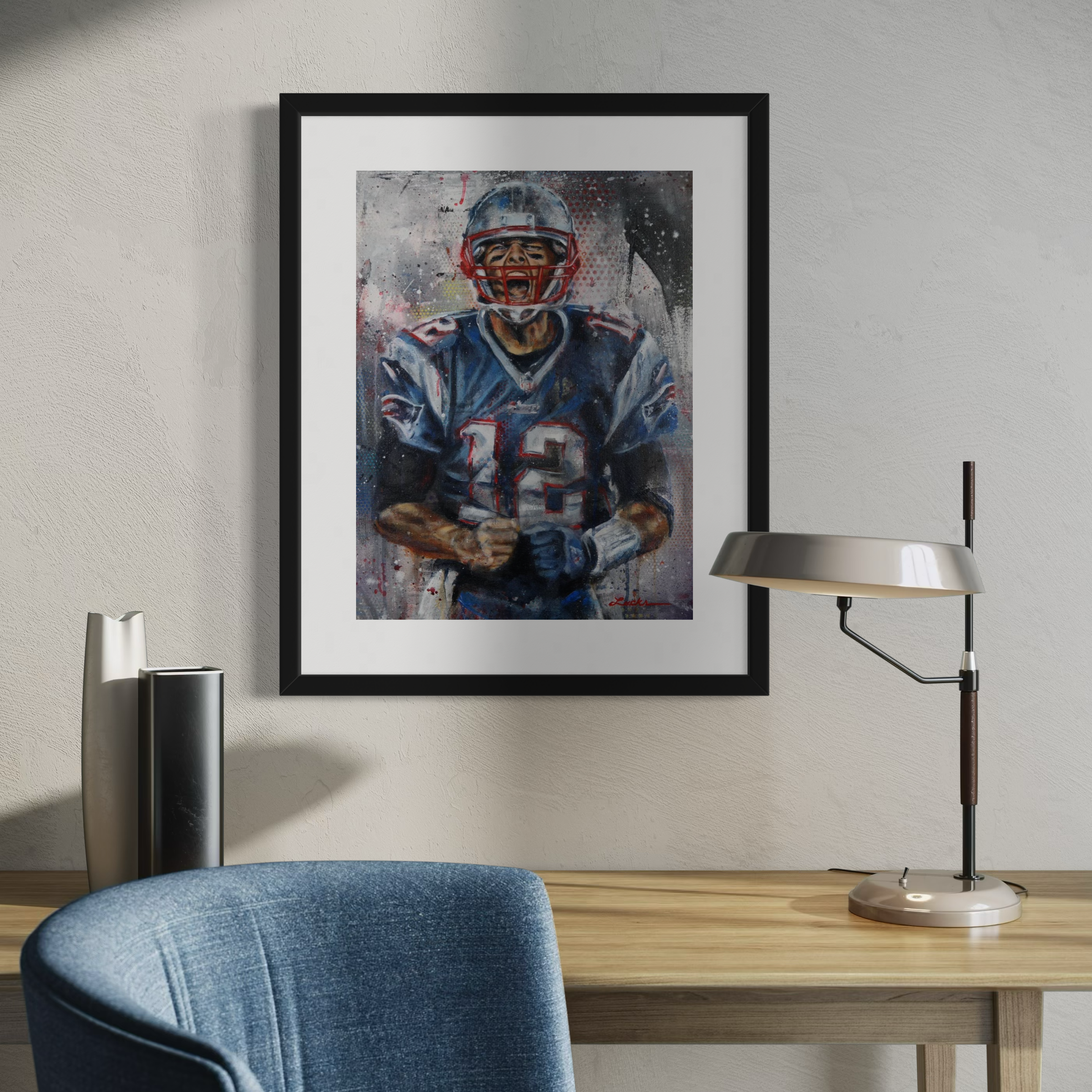 Portrait painting of Patriots quarterback Tom Brady yelling with clinched fists after scoring a touchdown