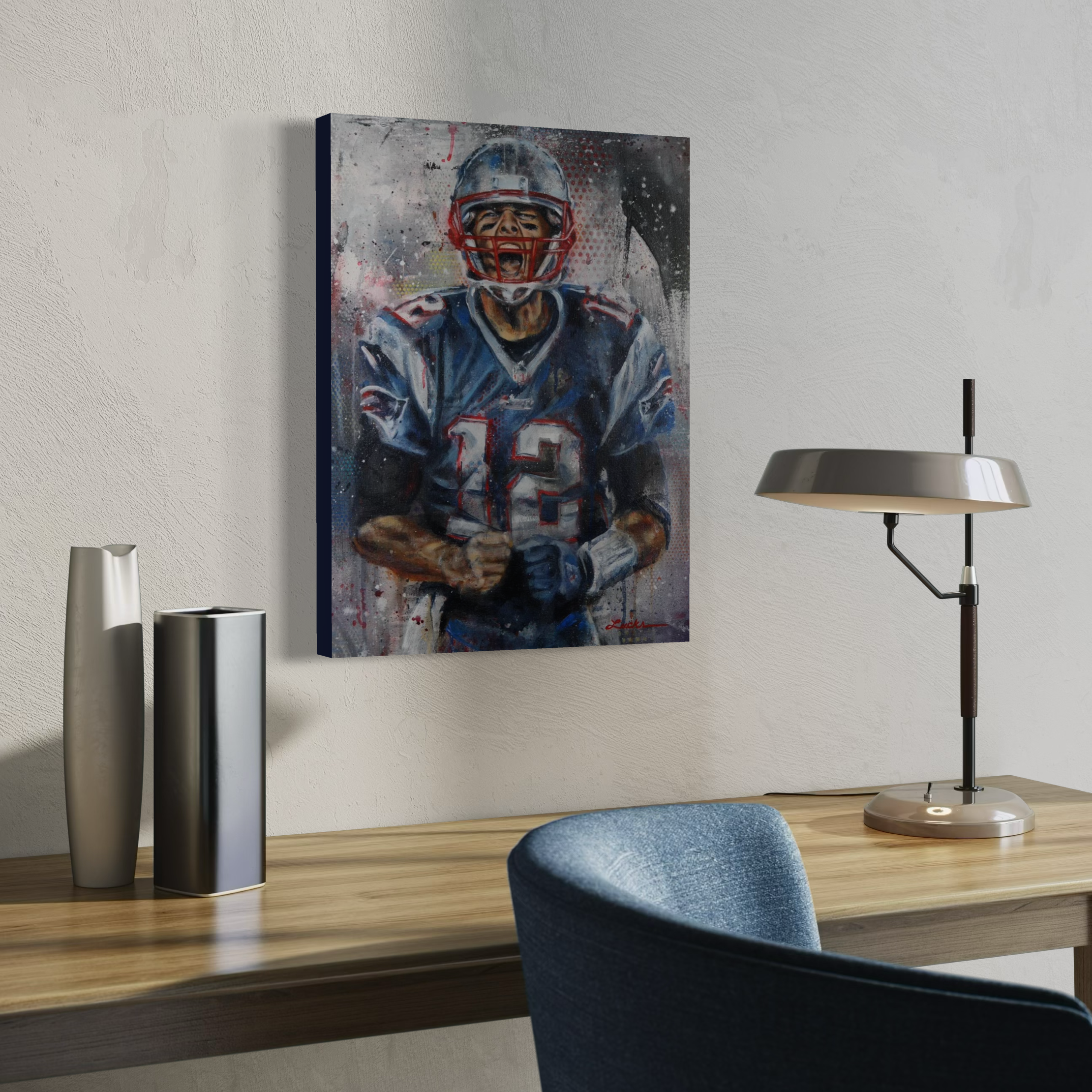 Portrait painting of Patriots quarterback Tom Brady yelling with clinched fists after scoring a touchdown