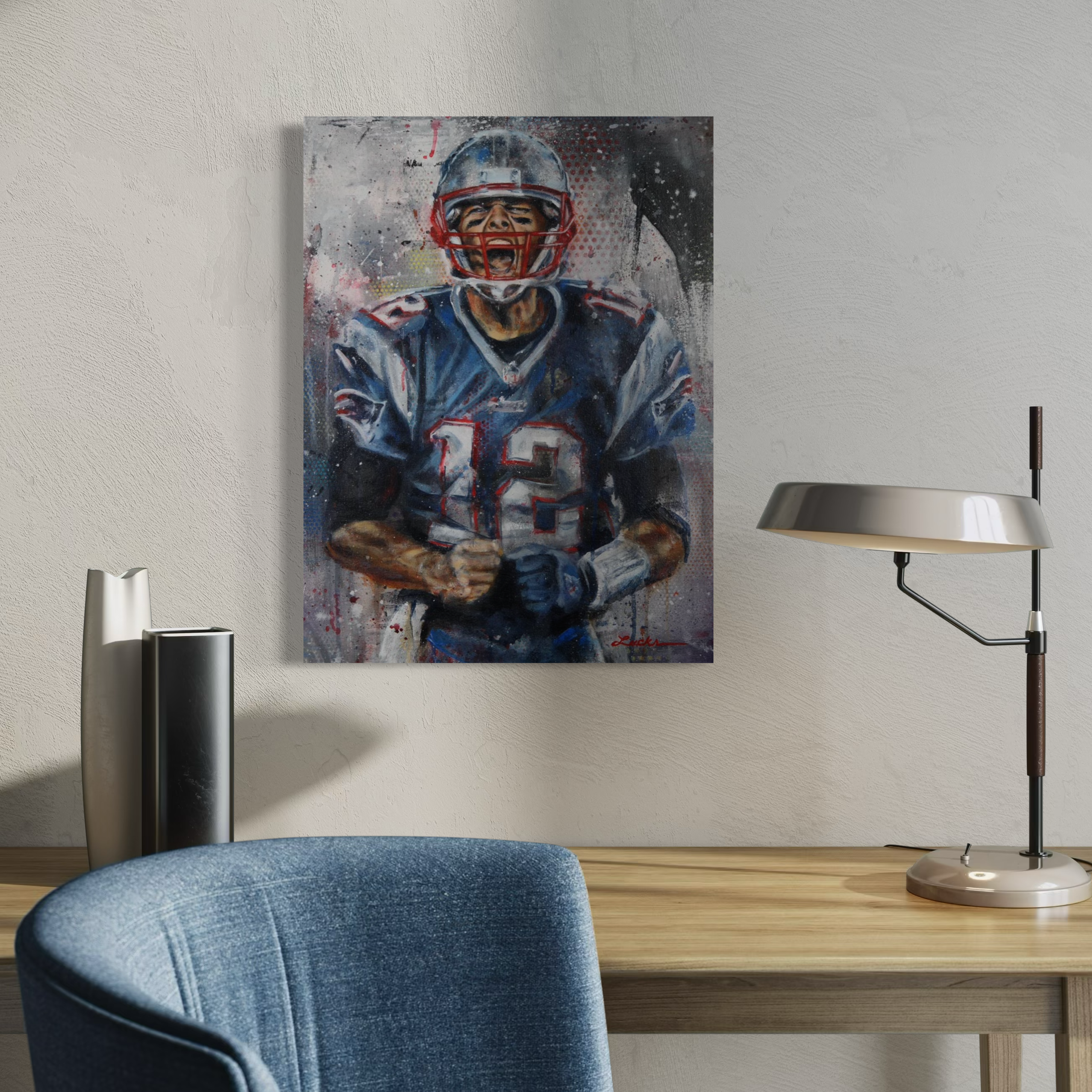 Portrait painting of Patriots quarterback Tom Brady yelling with clinched fists after scoring a touchdown