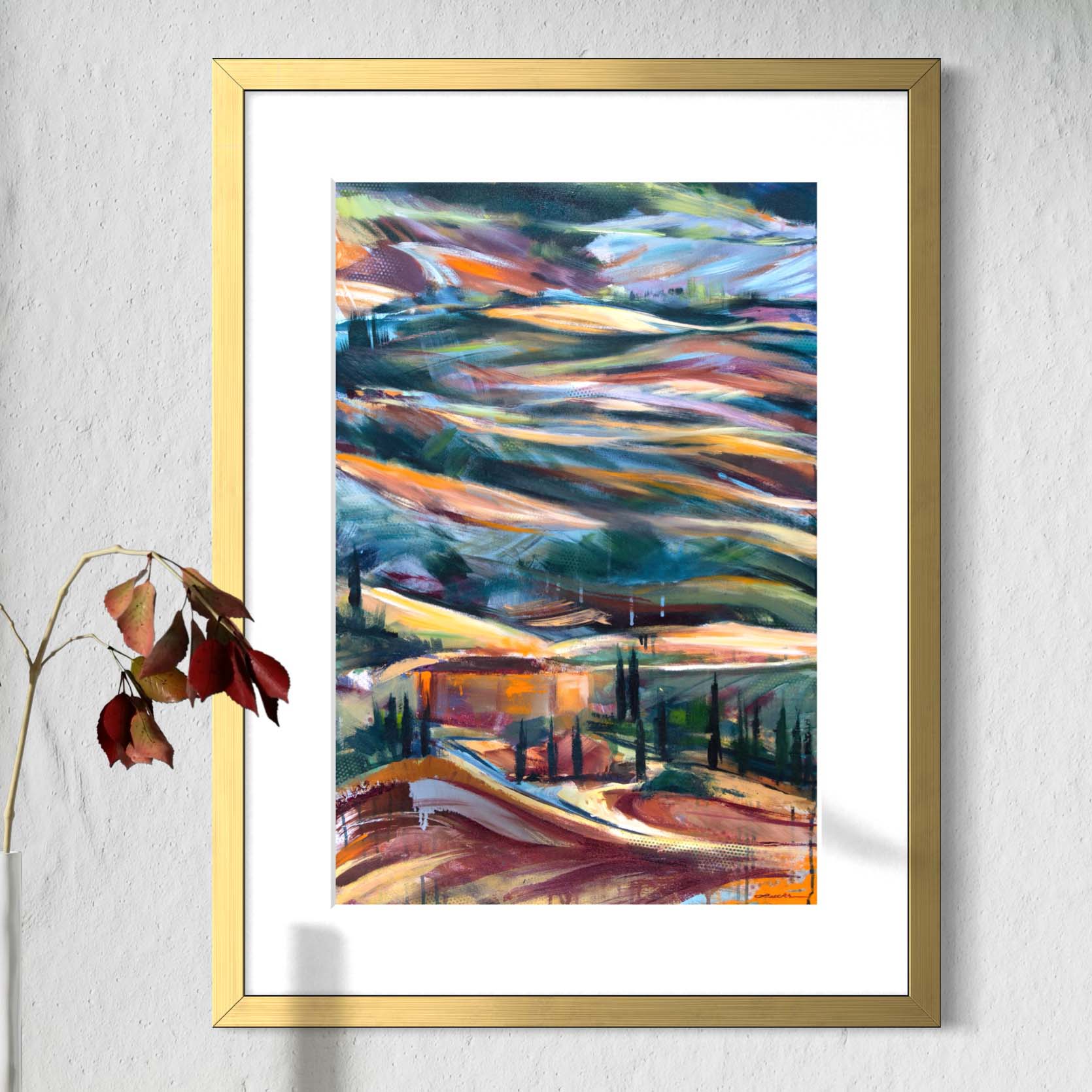 Tuscan countryside at sunrise by Kyle Lucks as a framed giclée fine art print in a gold frame, front view