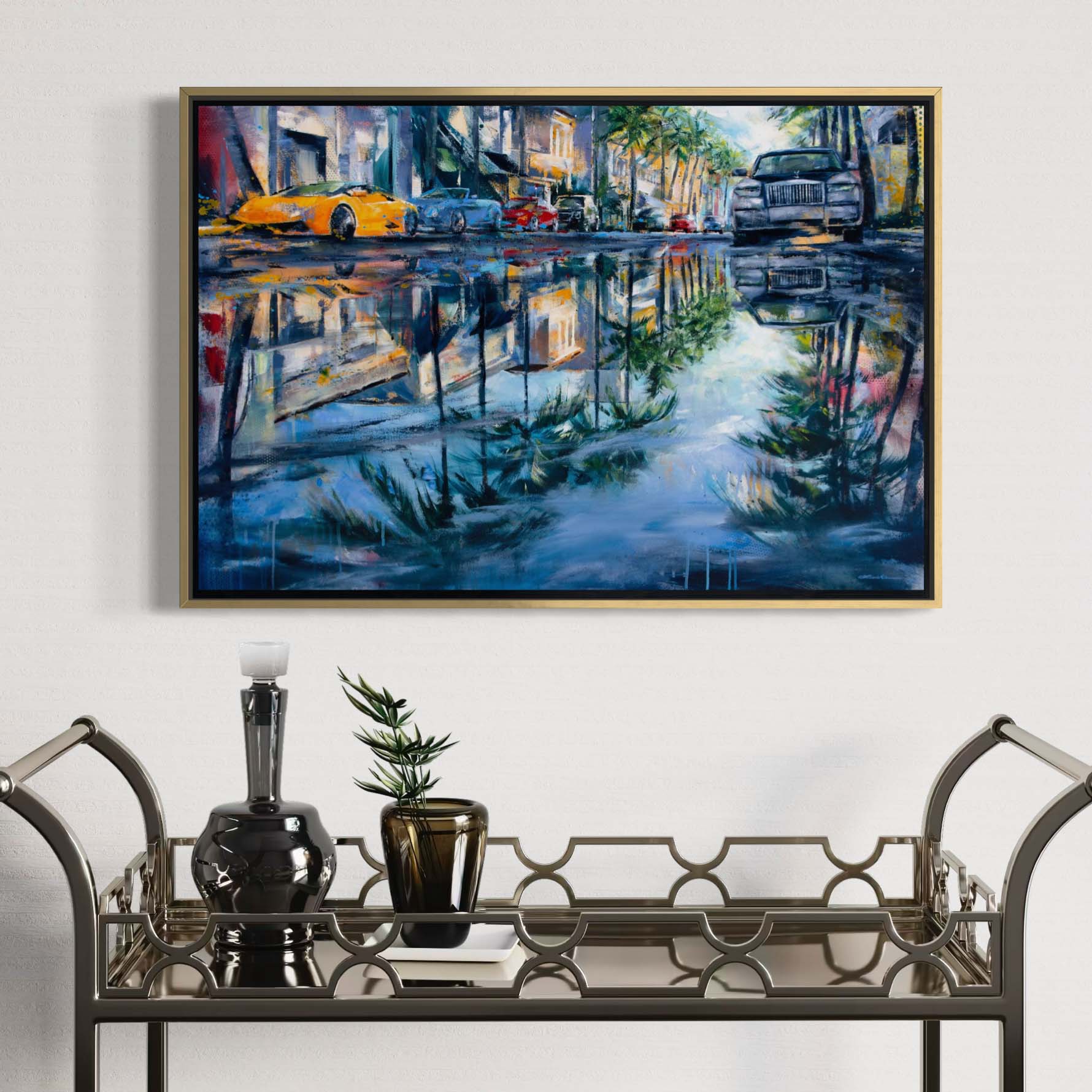 Worth Avenue Palm Beach after rain by Kyle Lucks on a gallery-wrapped canvas in a gold float frame, front view