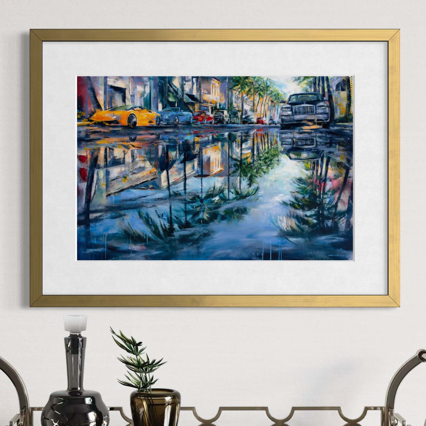 Worth Avenue Palm Beach after rain by Kyle Lucks as a framed giclée fine art print in a gold frame, front view
