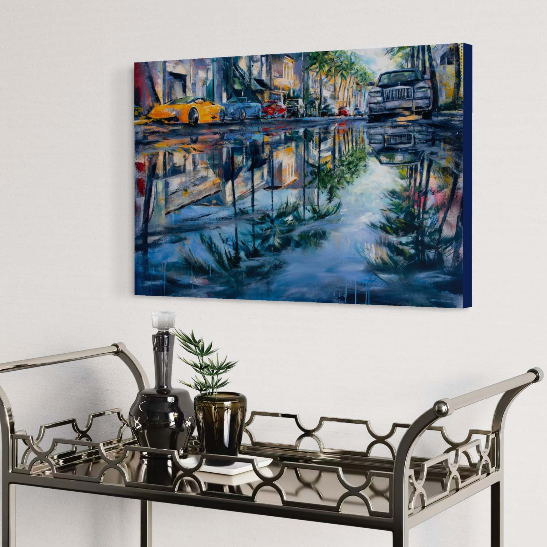 Worth Avenue Palm Beach after rain by Kyle Lucks on a gallery-wrapped canvas in a float frame, angle view