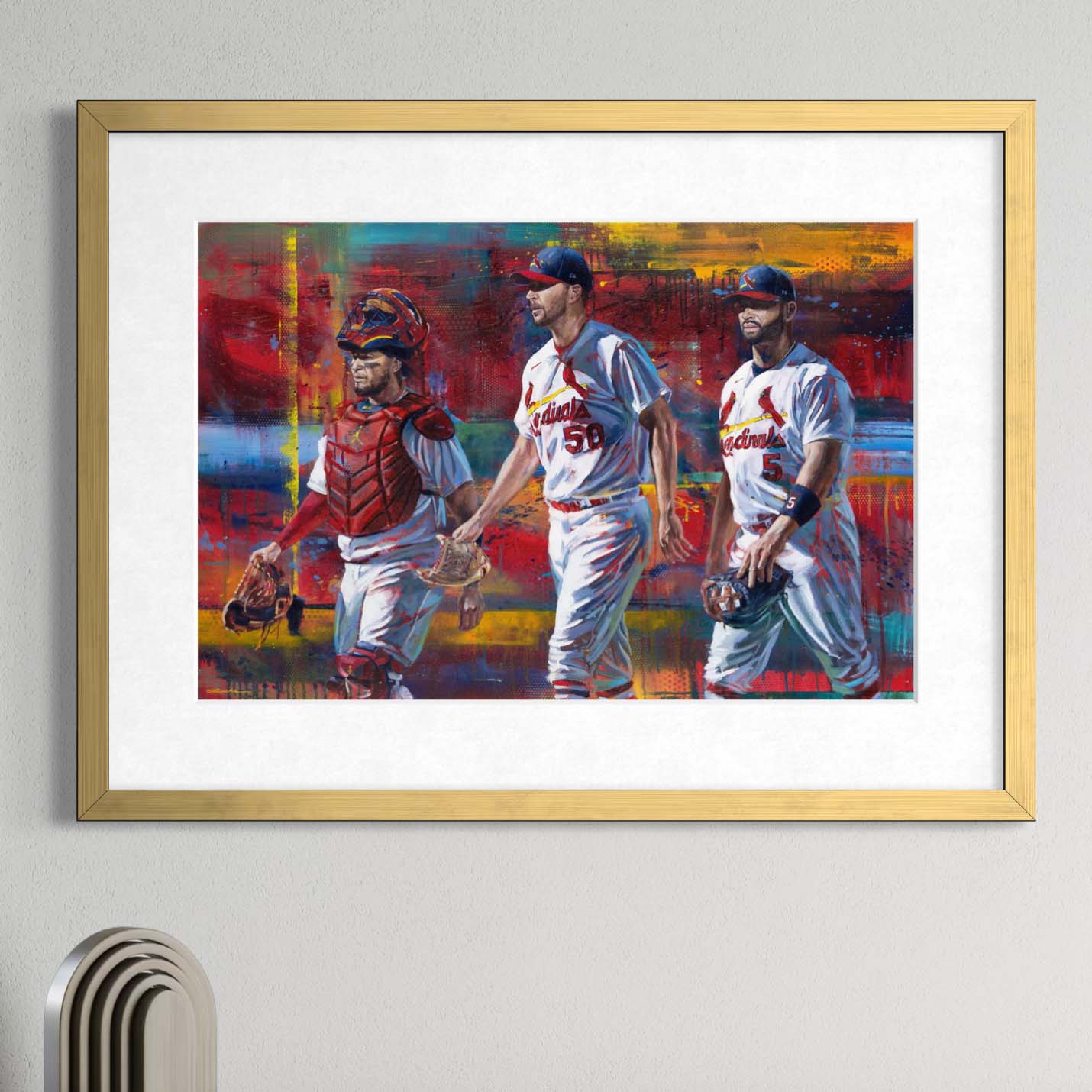 Cardinals legends Yadi, Waino and Albert by Kyle Lucks as a framed giclée fine art print in a gold frame, front view