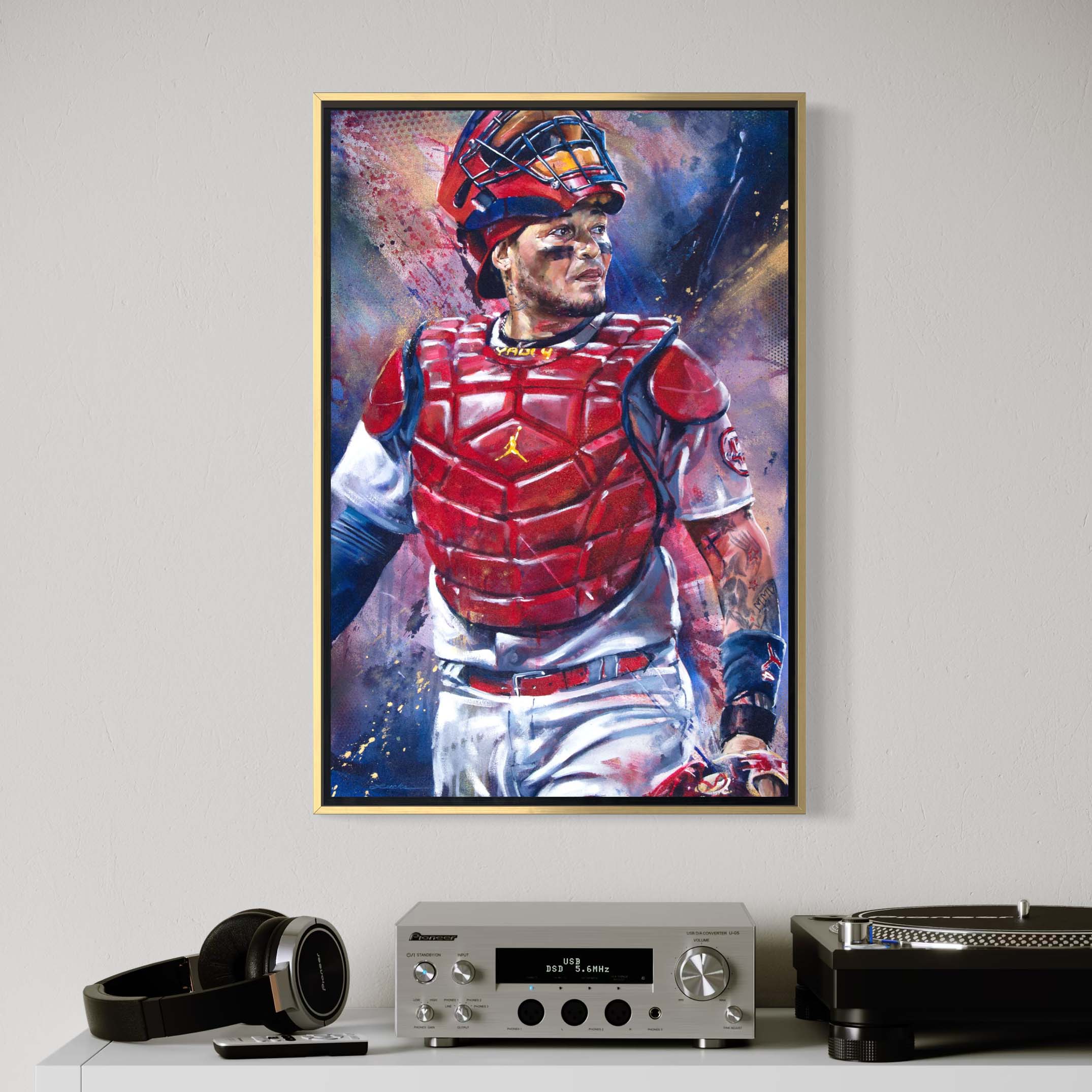 Cardinals catcher Yadier Molina by Kyle Lucks on a gallery-wrapped canvas in a gold float frame, front view