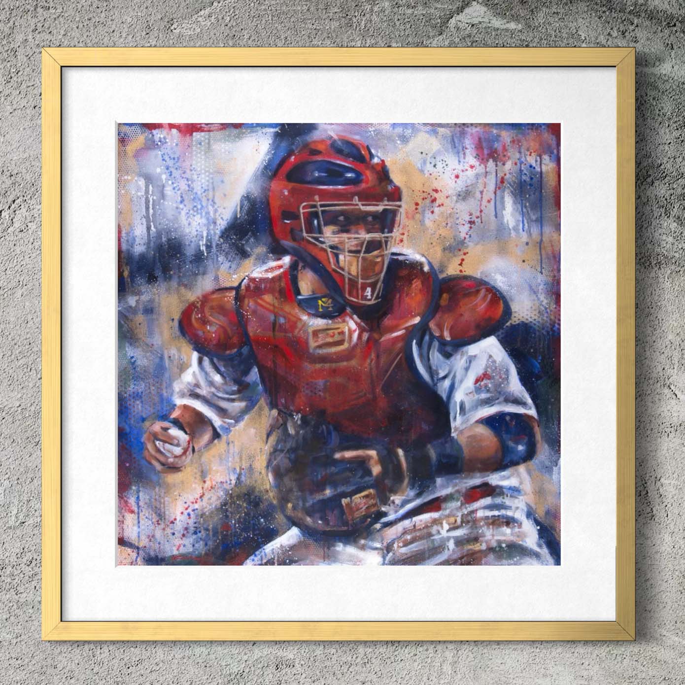 Cardinals catcher Yadier Molina by Kyle Lucks as a framed giclée fine art print in a gold frame, front view