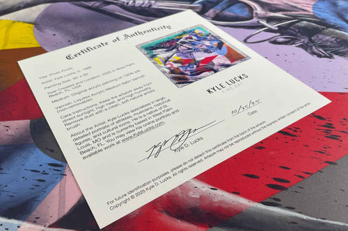 Certificate of authenticity for 'Photo Finish,' an original silk scarf painting by Kyle Lucks